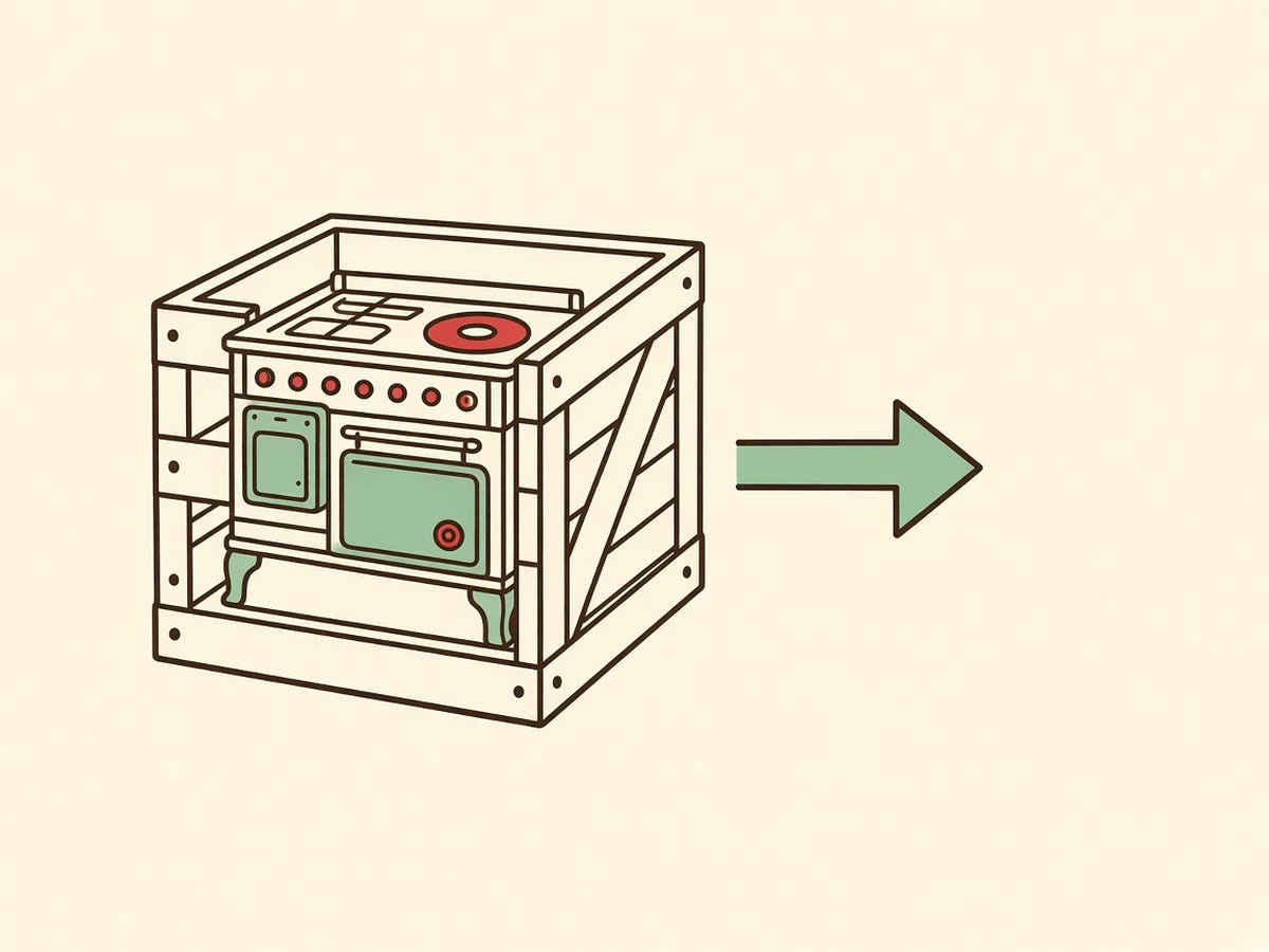 Line drawing of a boxed stove with an arrow pointing outward.