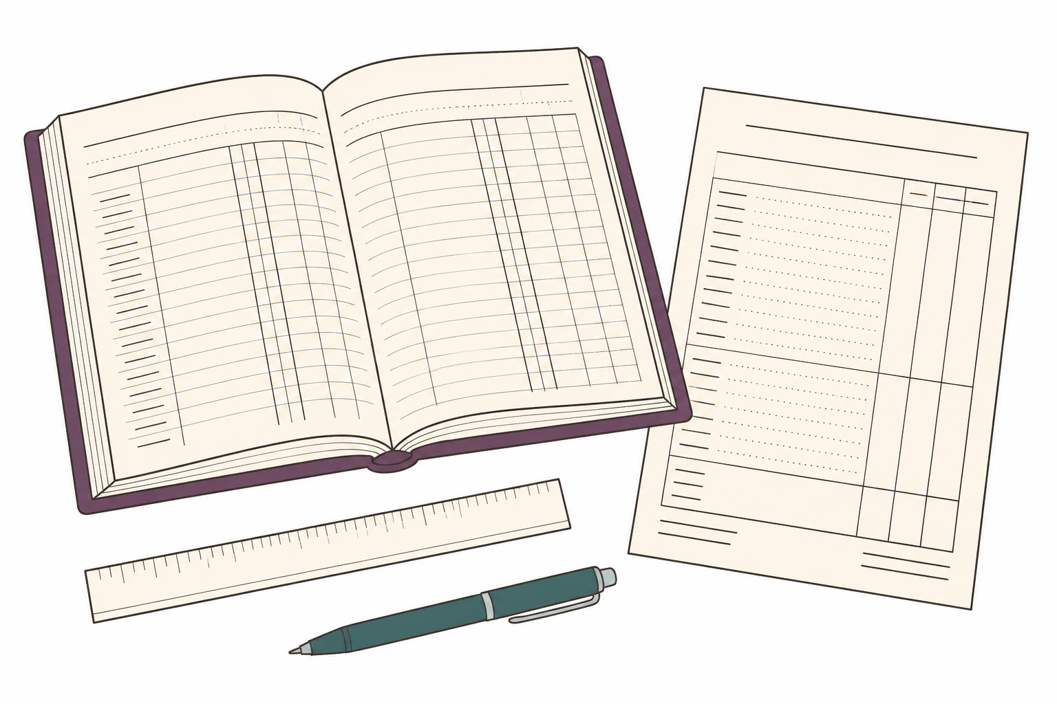 Editorial illustration of a monthly ledger and a reconciled statement.