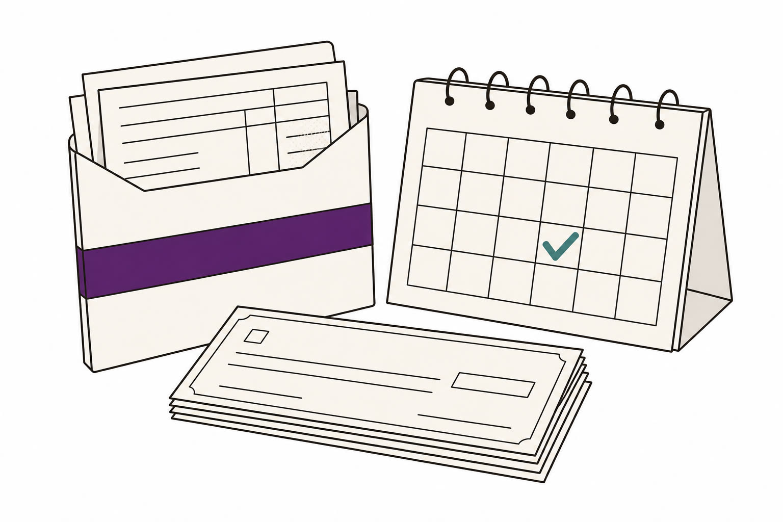 Editorial illustration of a payroll packet and a calendar.