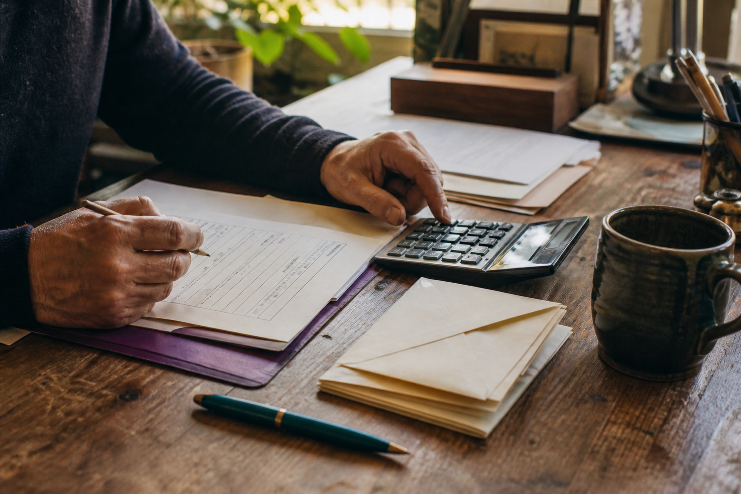 Hands at a wood desk with an open return, a calculator, and a pencil — no faces.