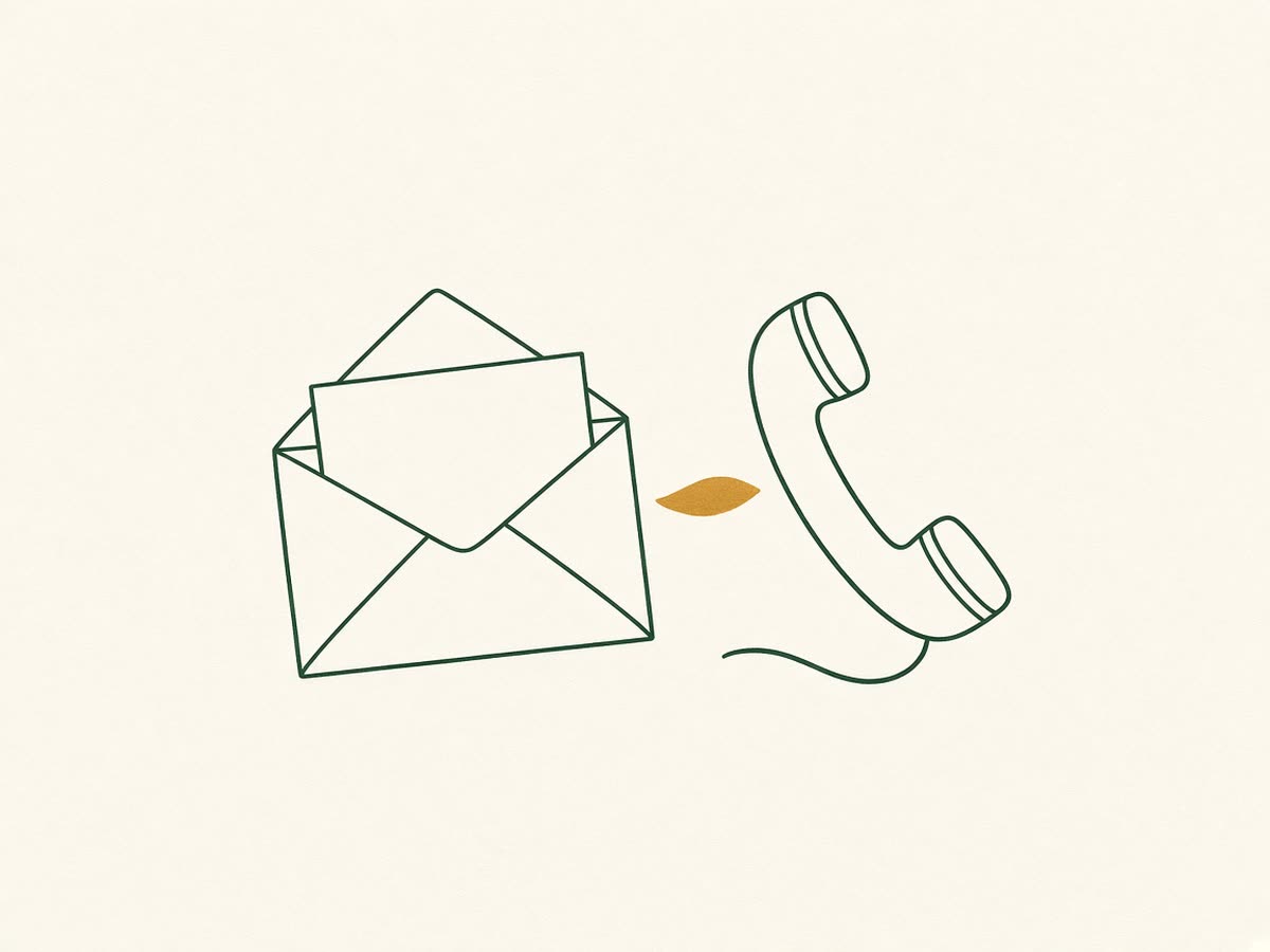 Line drawing of an opened IRS letter beside a telephone.