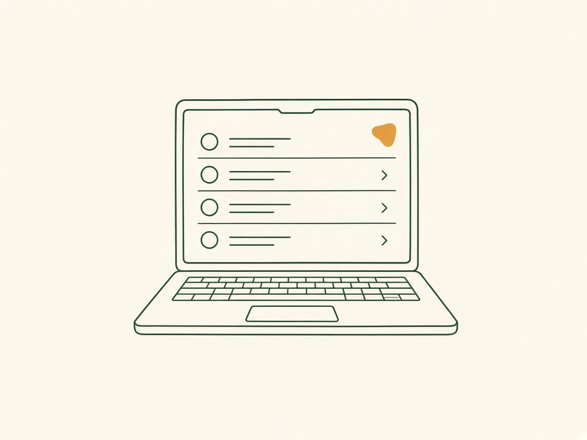 Line drawing of a laptop showing a simple accounts list.