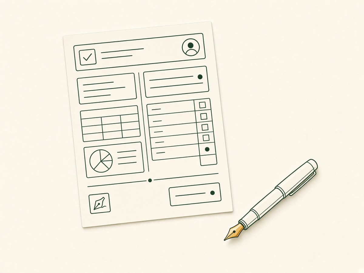 Line drawing of a finished tax return with a pen beside it.