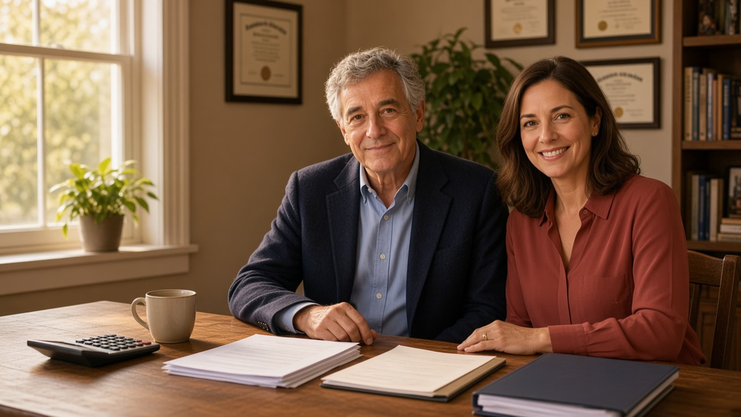 A Los Angeles CPA meeting a small business owner across a desk with tax papers in order.