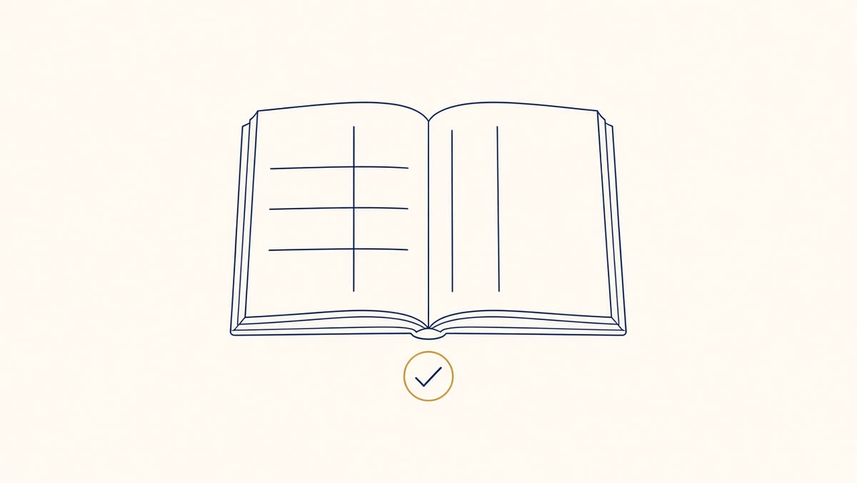Line drawing of an open ledger with balanced columns.