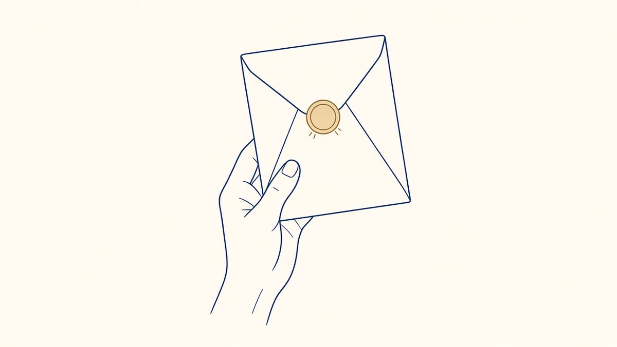 Line drawing of an official letter with a steady hand holding it up.