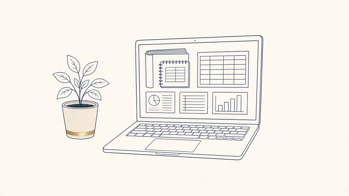 Line drawing of a laptop showing a tidy set of books.
