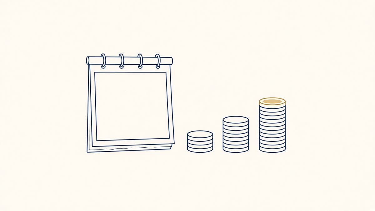 Line drawing of a calendar page beside a growing coin stack.