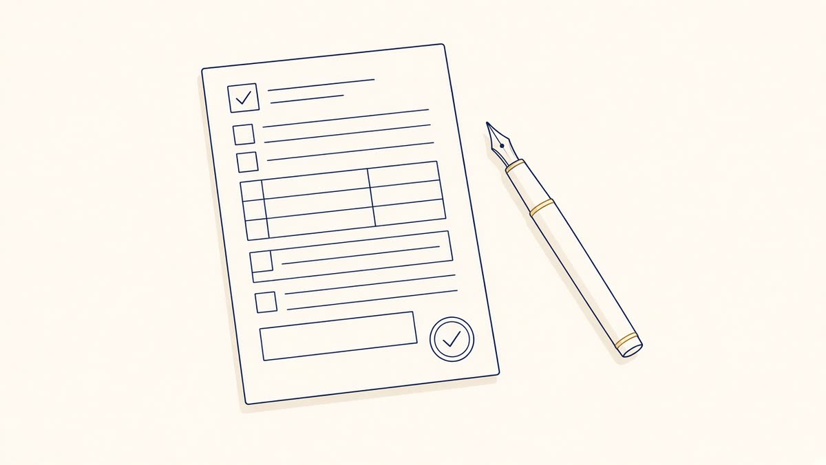 Line drawing of a completed tax return with a pen resting beside it.