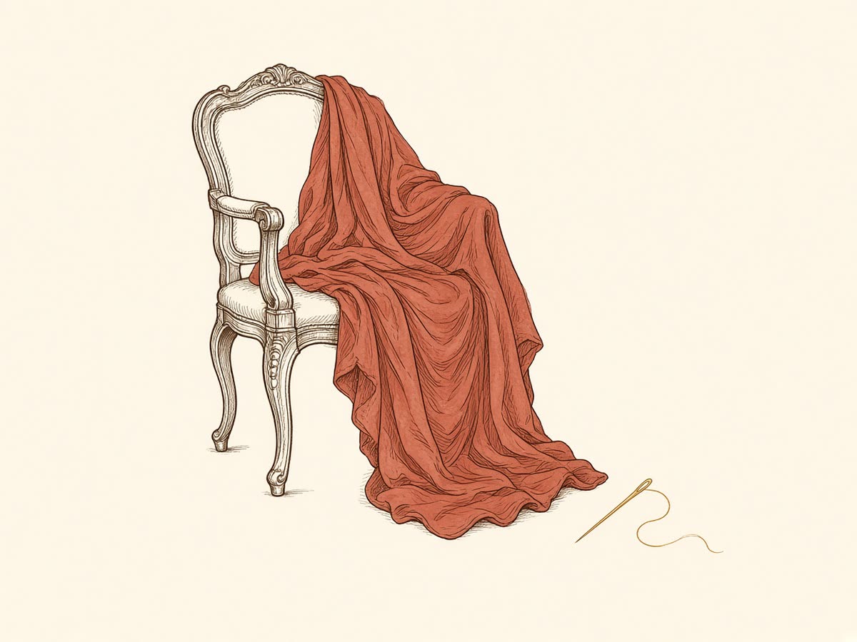 Line drawing of a classic armchair frame with a slipcover beside it.