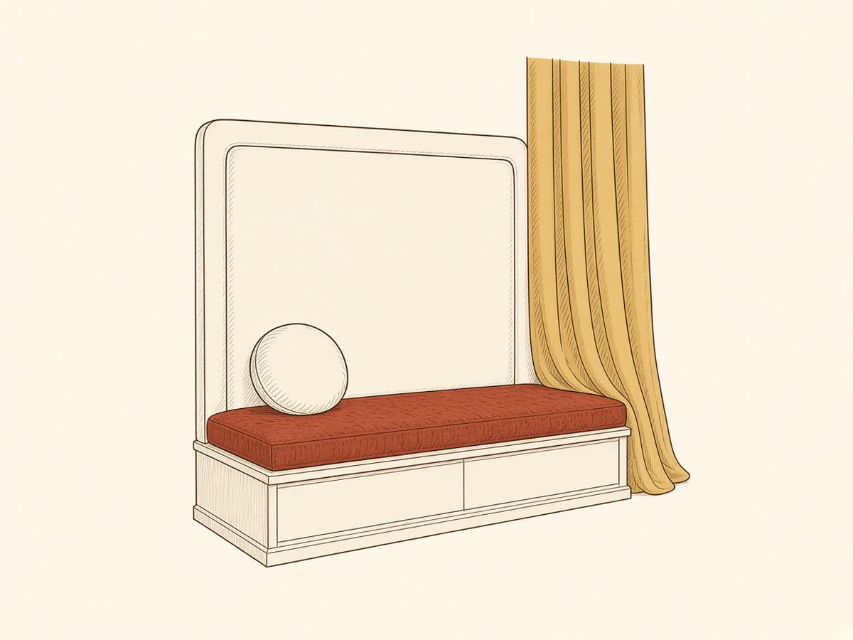 Line drawing of a headboard with a window seat below it.