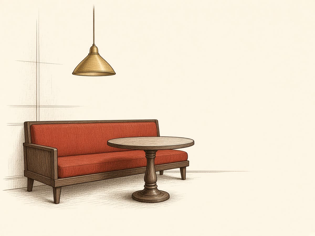 Line drawing of a restaurant booth bench along a wall.