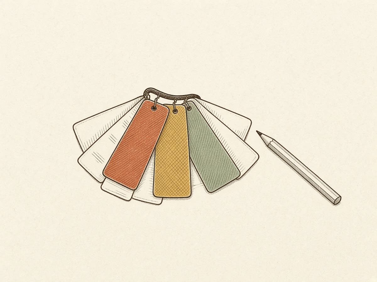 Line drawing of fabric swatches fanned across a worktable.