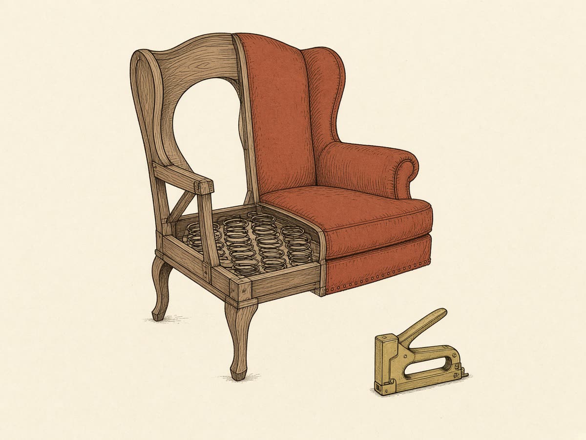 Line drawing of an armchair being restapled with fresh fabric.