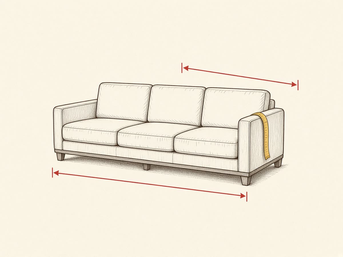 Line drawing of a custom sofa with dimension marks.