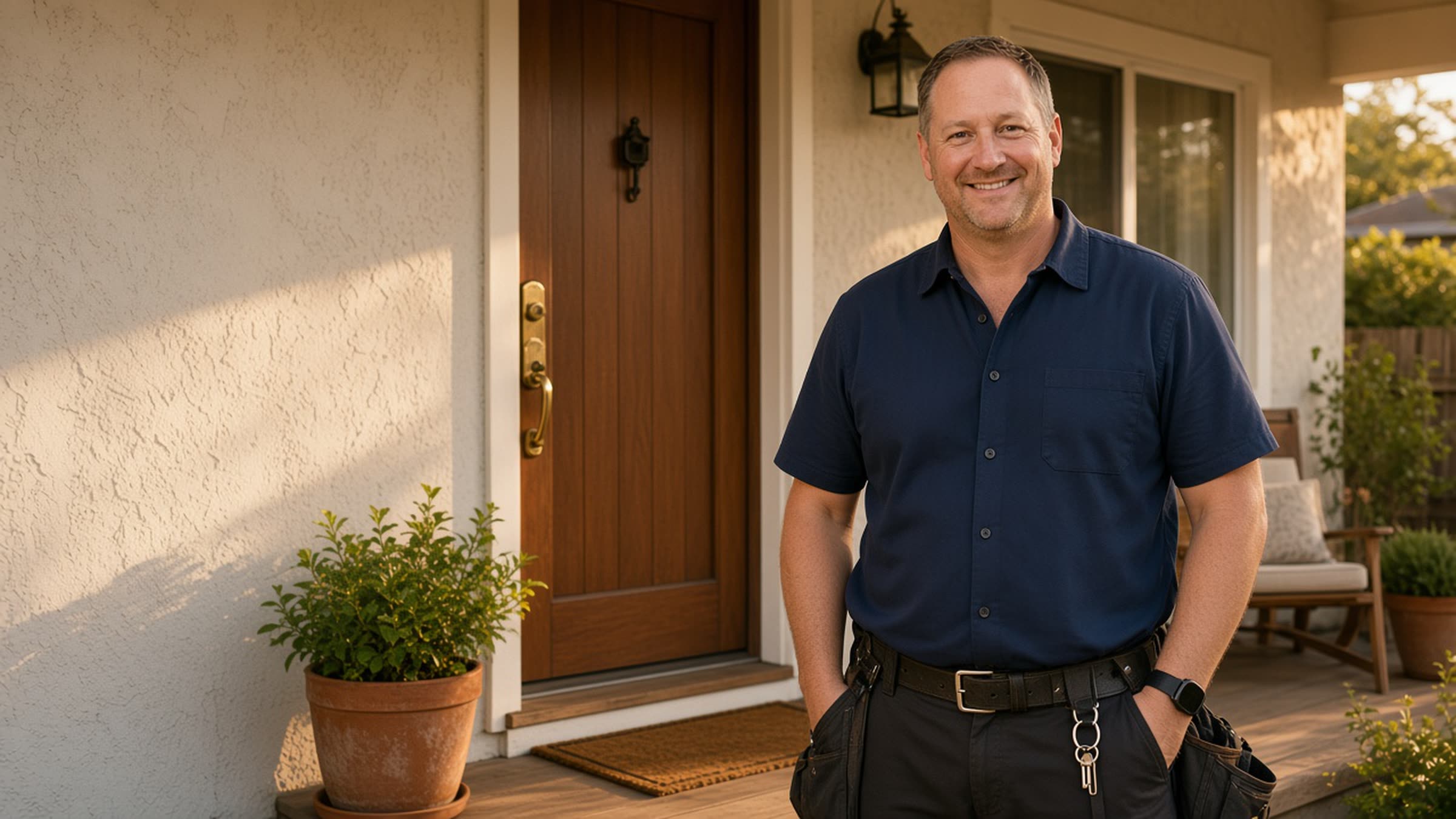 Locksmith Jeff Bond standing beside a home front door with a new deadbolt installed, Van Nuys.