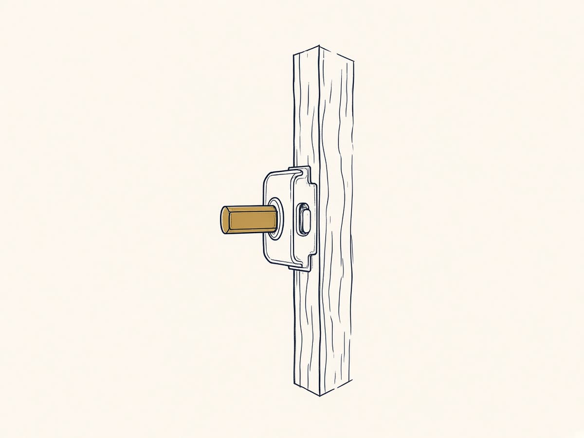 Line drawing of a deadbolt lock on a door edge.