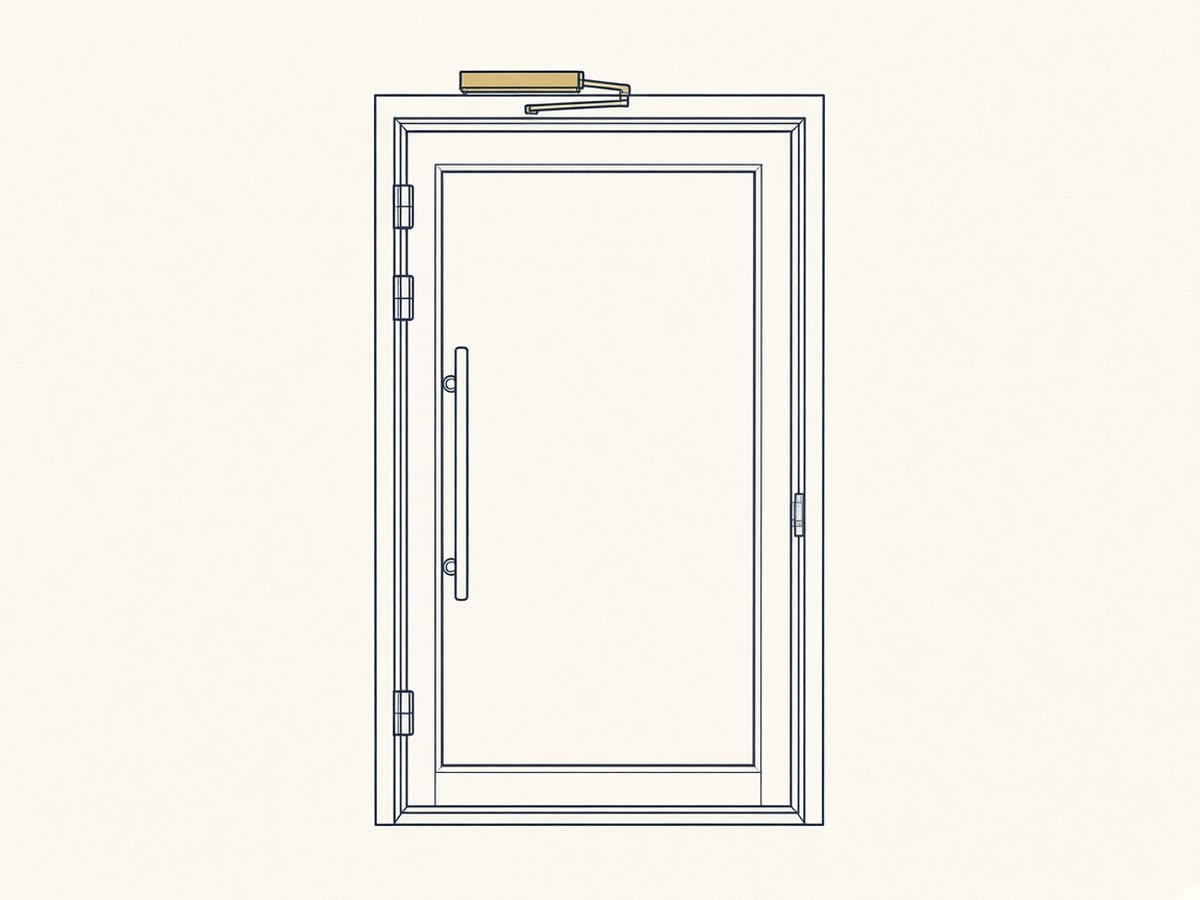 Line drawing of a door closer arm above a commercial door.