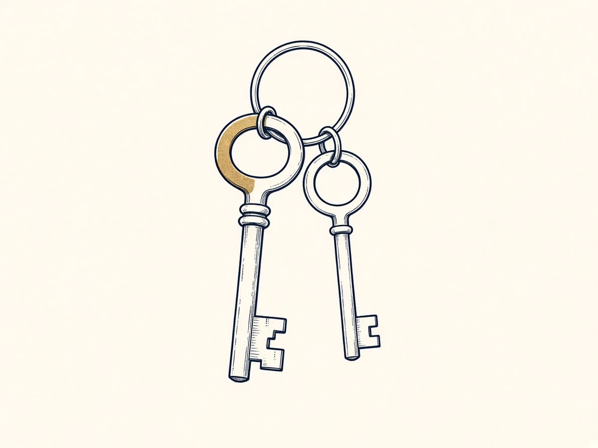 Line drawing of two keys, one marked master, on a key ring.