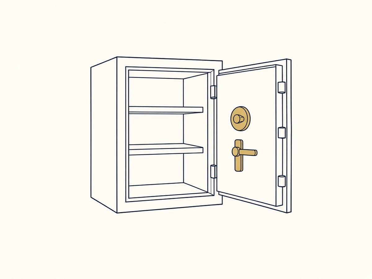 Line drawing of a home safe with its door open.