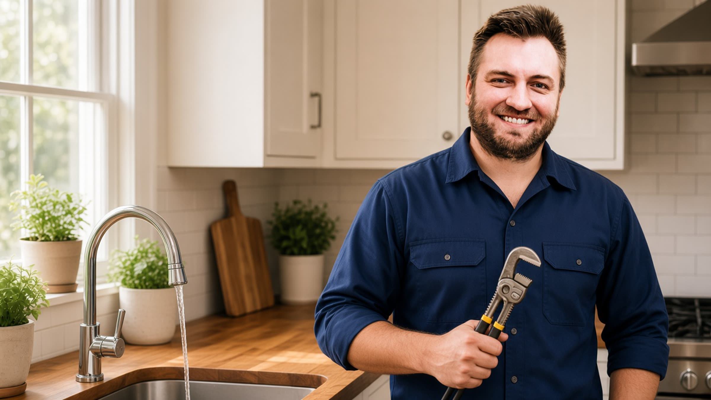 Plumber David Whyte standing beside a closed water heater in a Northridge home, smiling at the camera