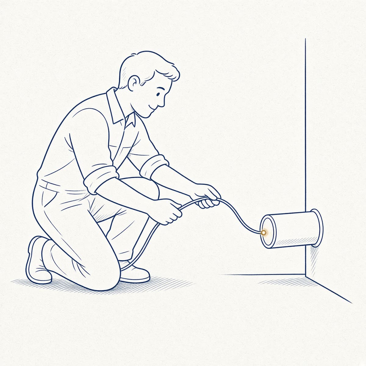 Line drawing of a technician feeding a camera line into a cleanout pipe