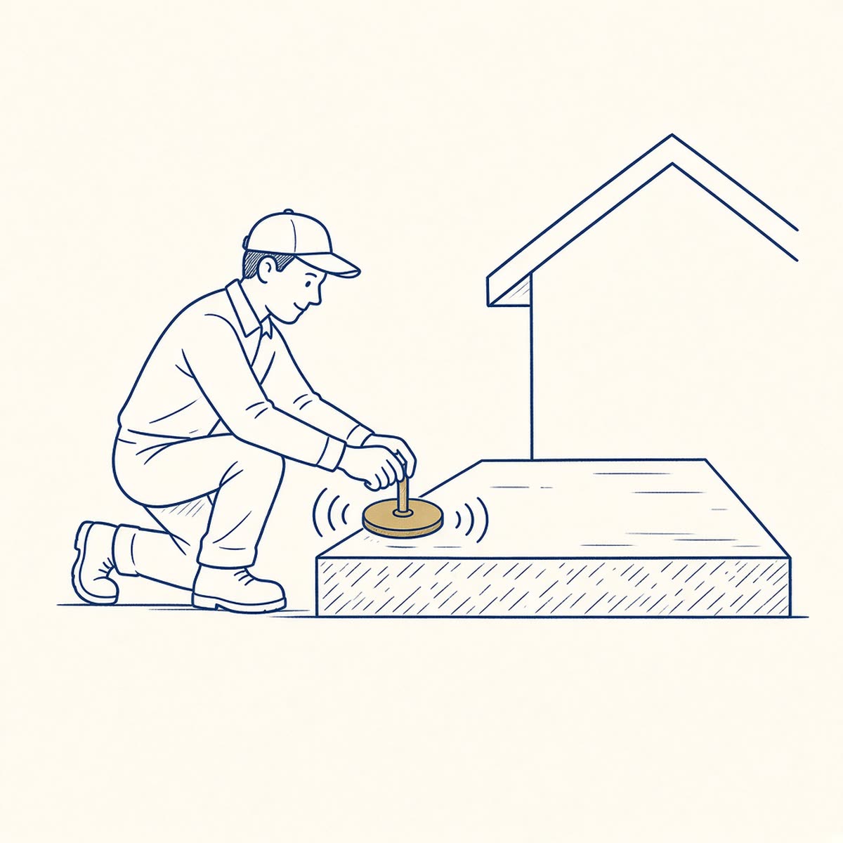 Line drawing of a plumber listening for a leak beside a house foundation slab