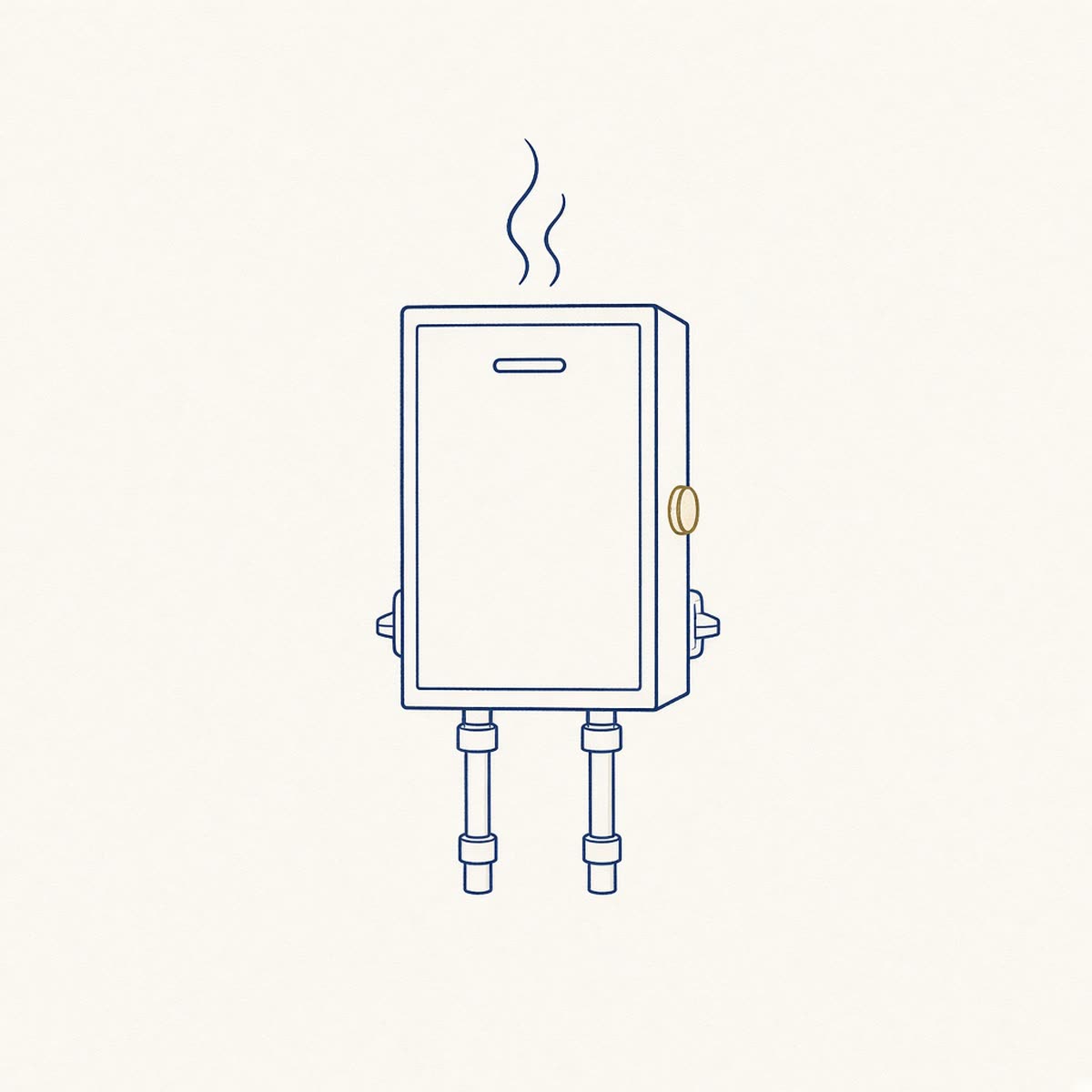 Line drawing of a wall-mounted tankless water heater with hot water lines
