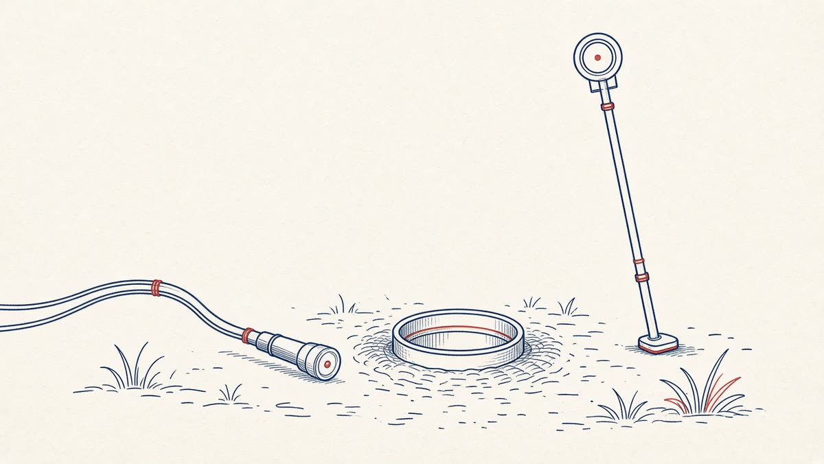 Line drawing of a small camera on a cable entering a cleanout.