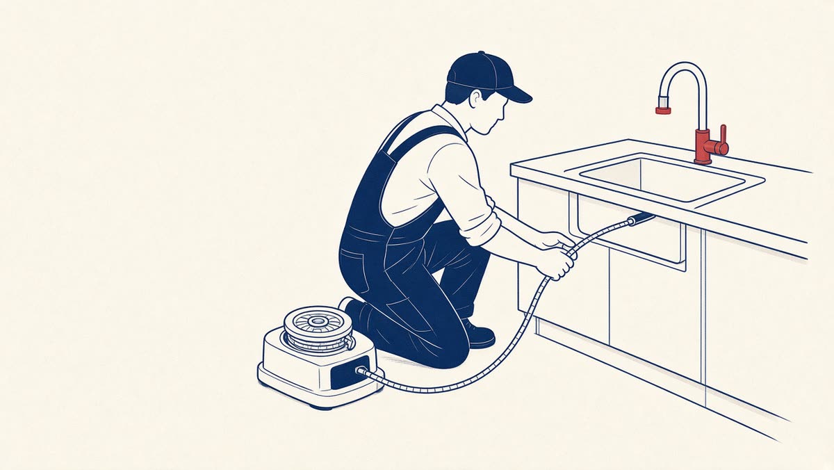 Line drawing of a plumber feeding a drain cable into a sink.