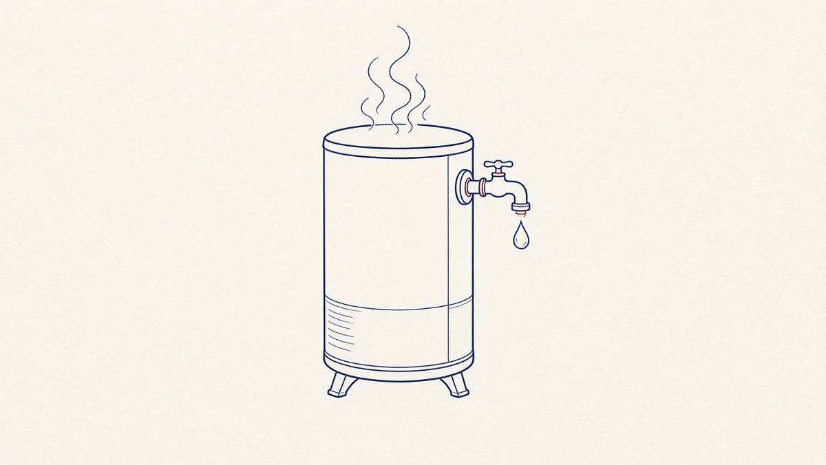 Line drawing of a closed water heater with a faucet.