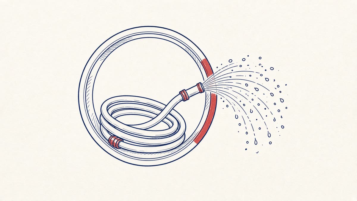Line drawing of a hose spraying water inside a pipe.