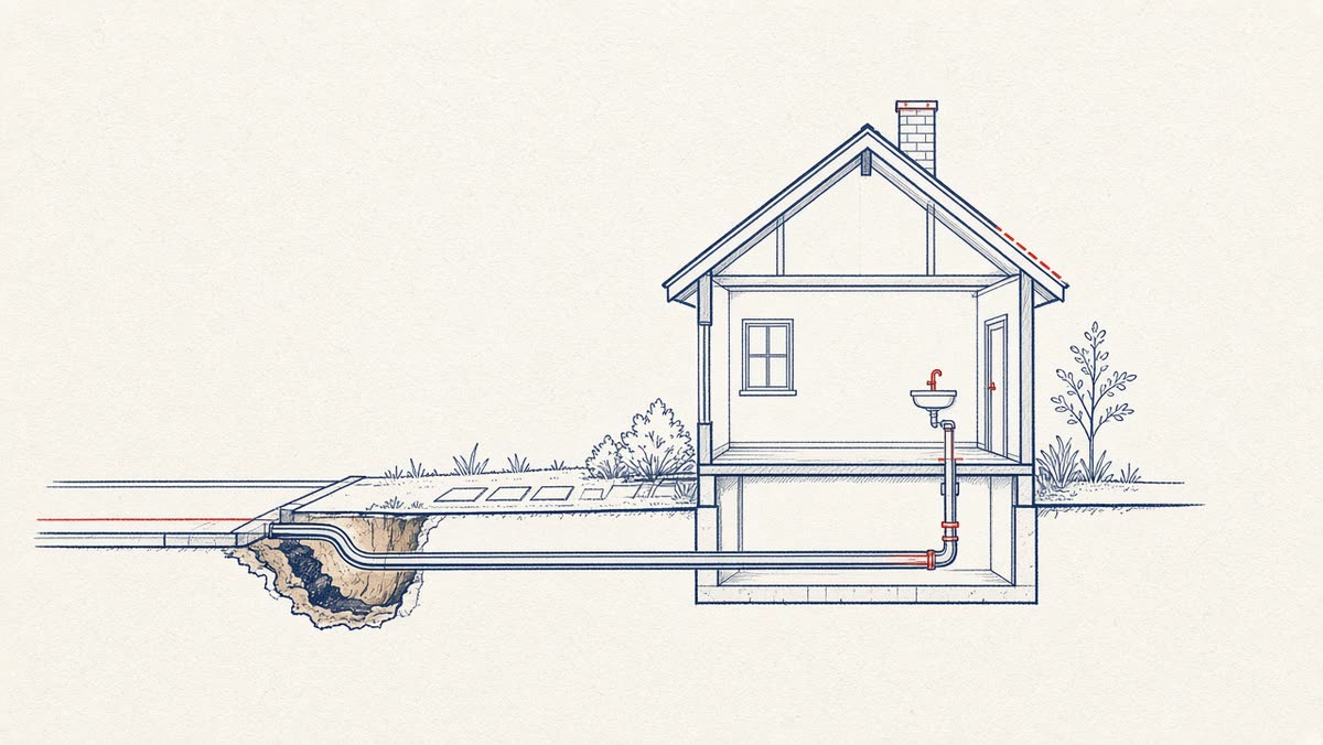 Line drawing of a house with a new sewer line running under the yard.
