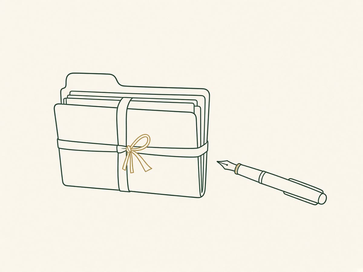Line drawing of an estate tax form with a pen beside it