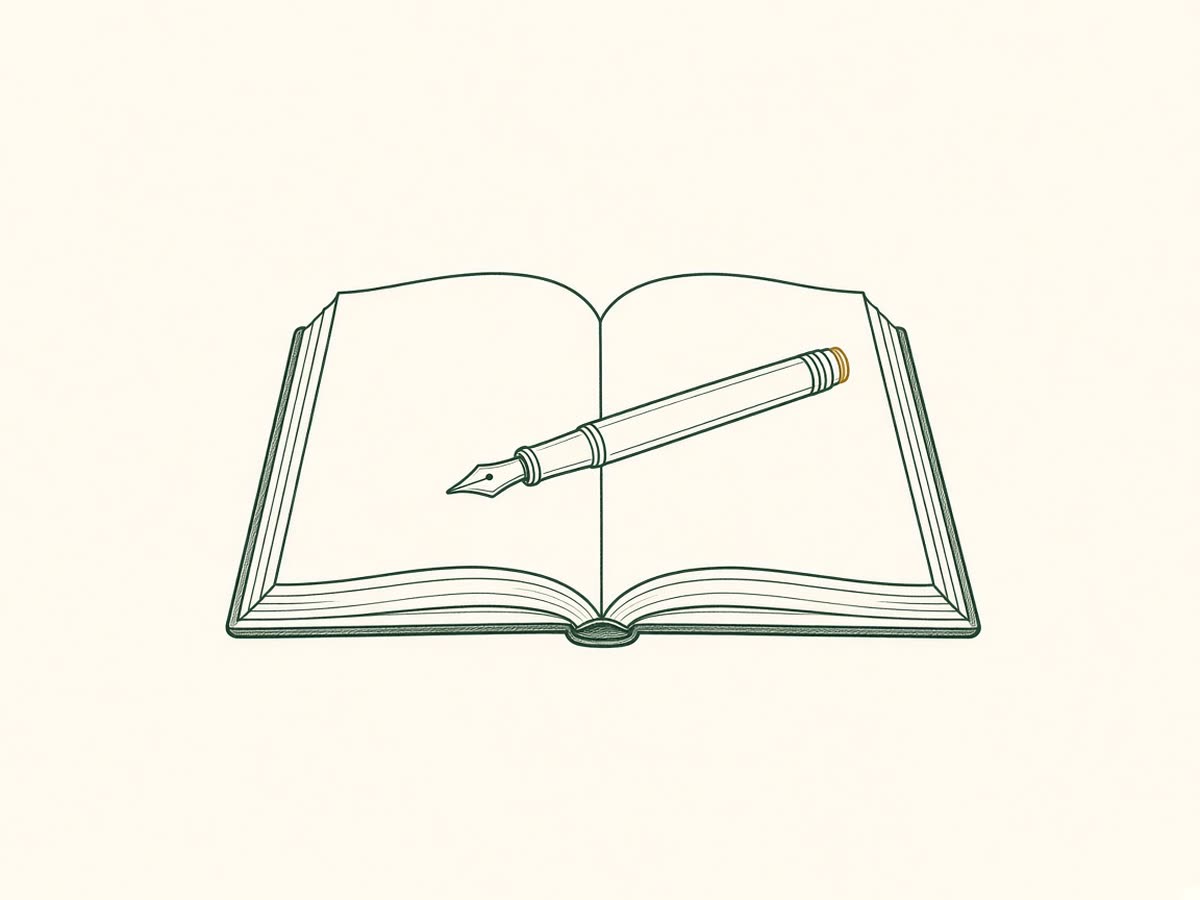 Line drawing of a ledger with a fountain pen