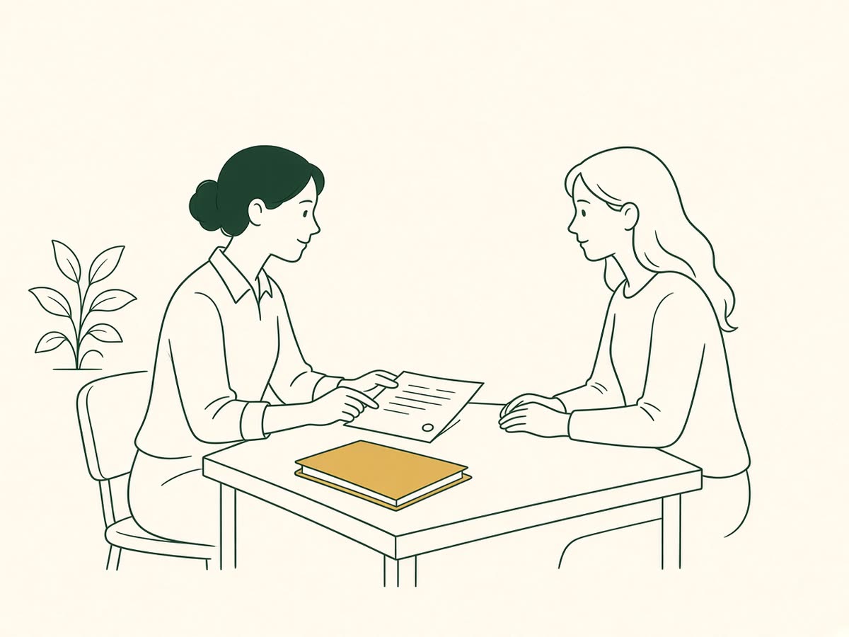 Line drawing of a CPA reviewing a tax return with a client