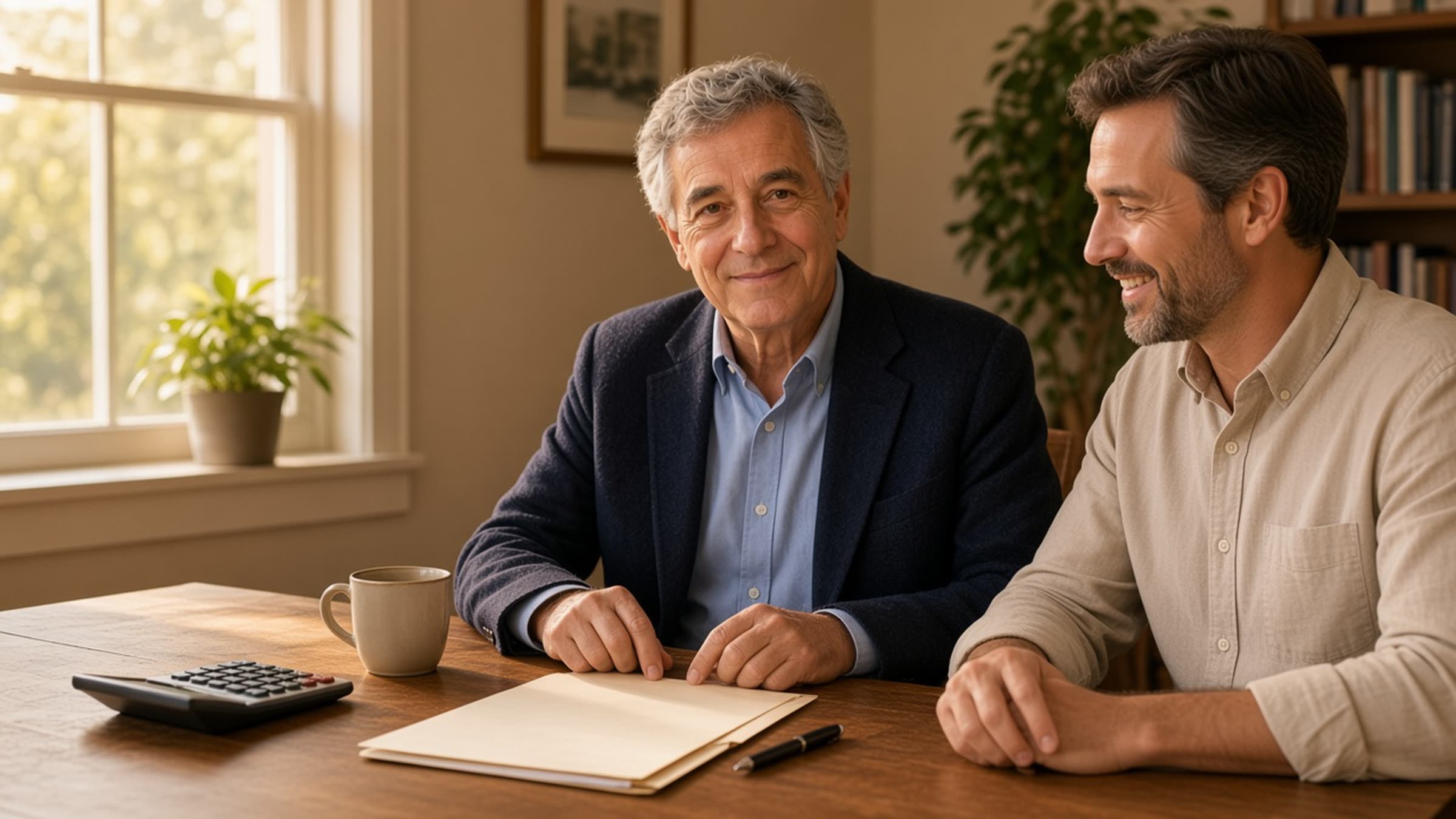 CPA greeting a small business owner across a desk with a closed tax folder between them.