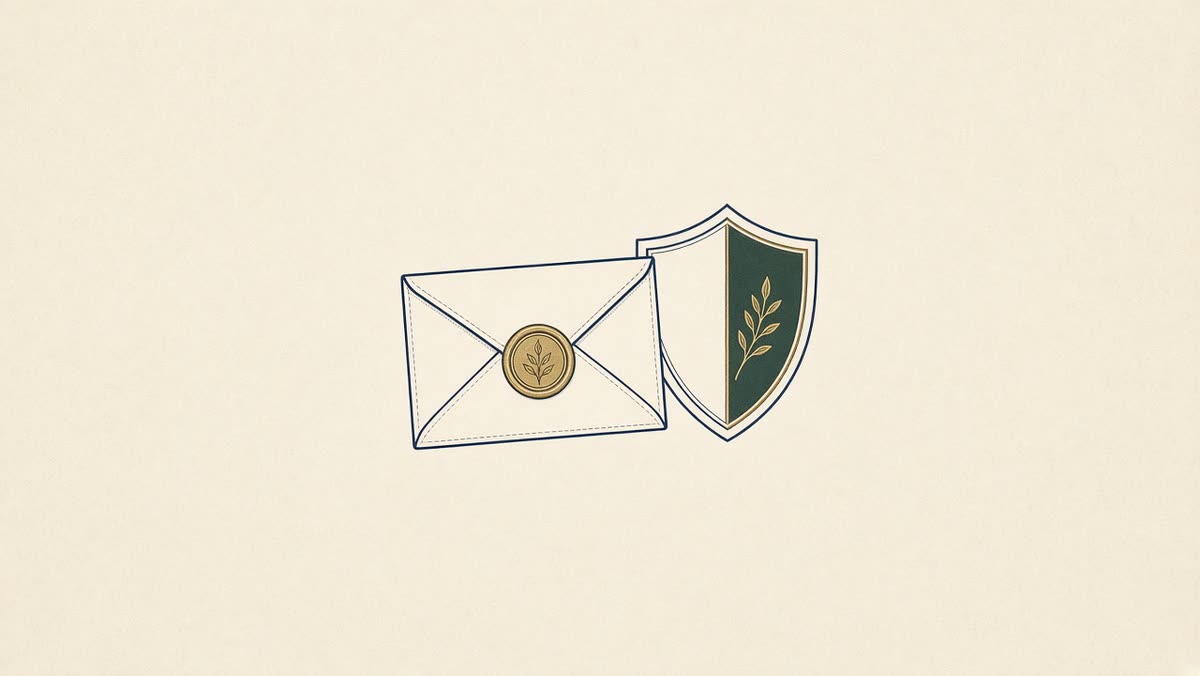 Line drawing of an envelope letter with a shield beside it.