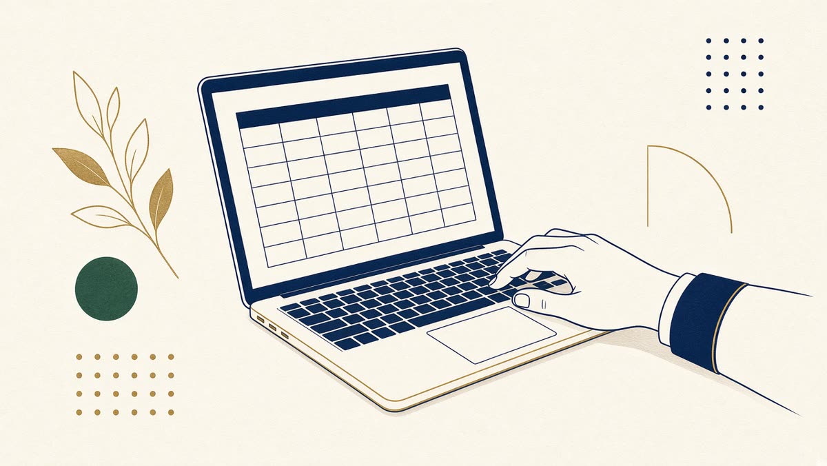 Line drawing of a laptop showing a ledger with a hand on the keys.