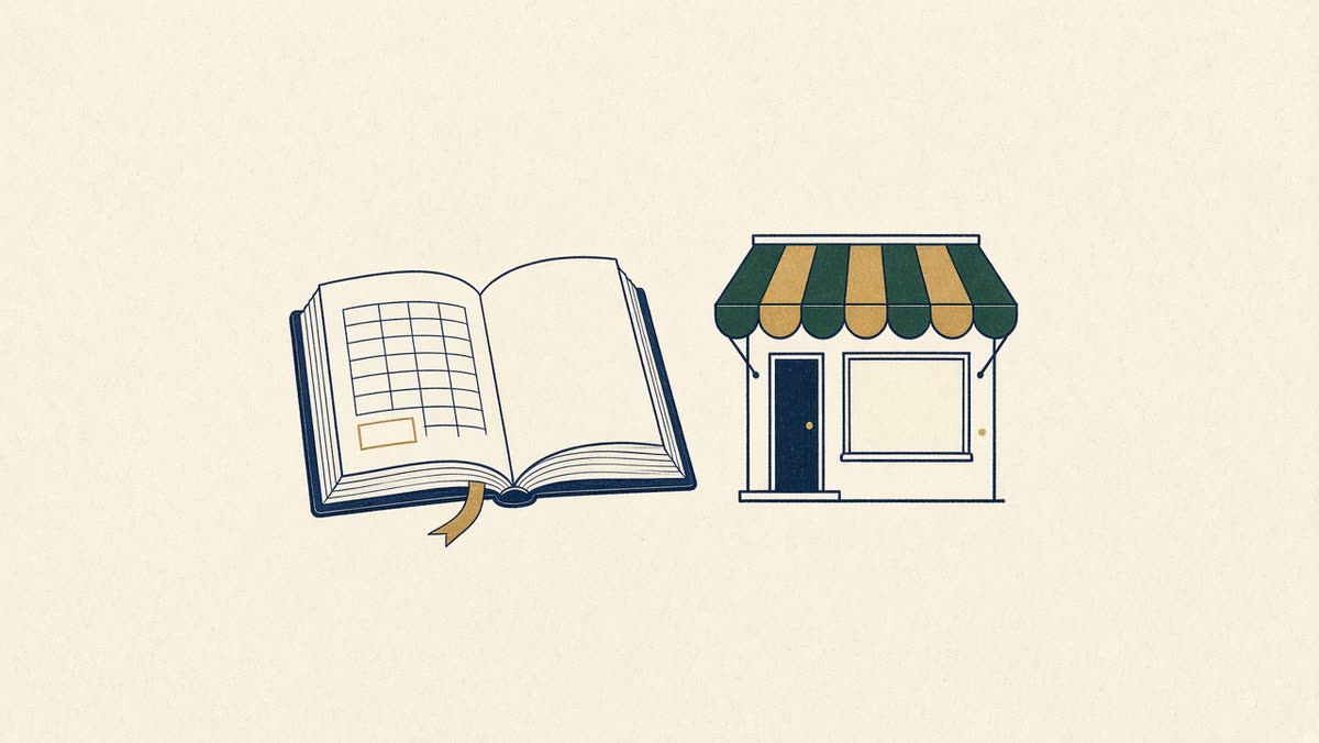 Line drawing of a ledger book with a small storefront beside it.